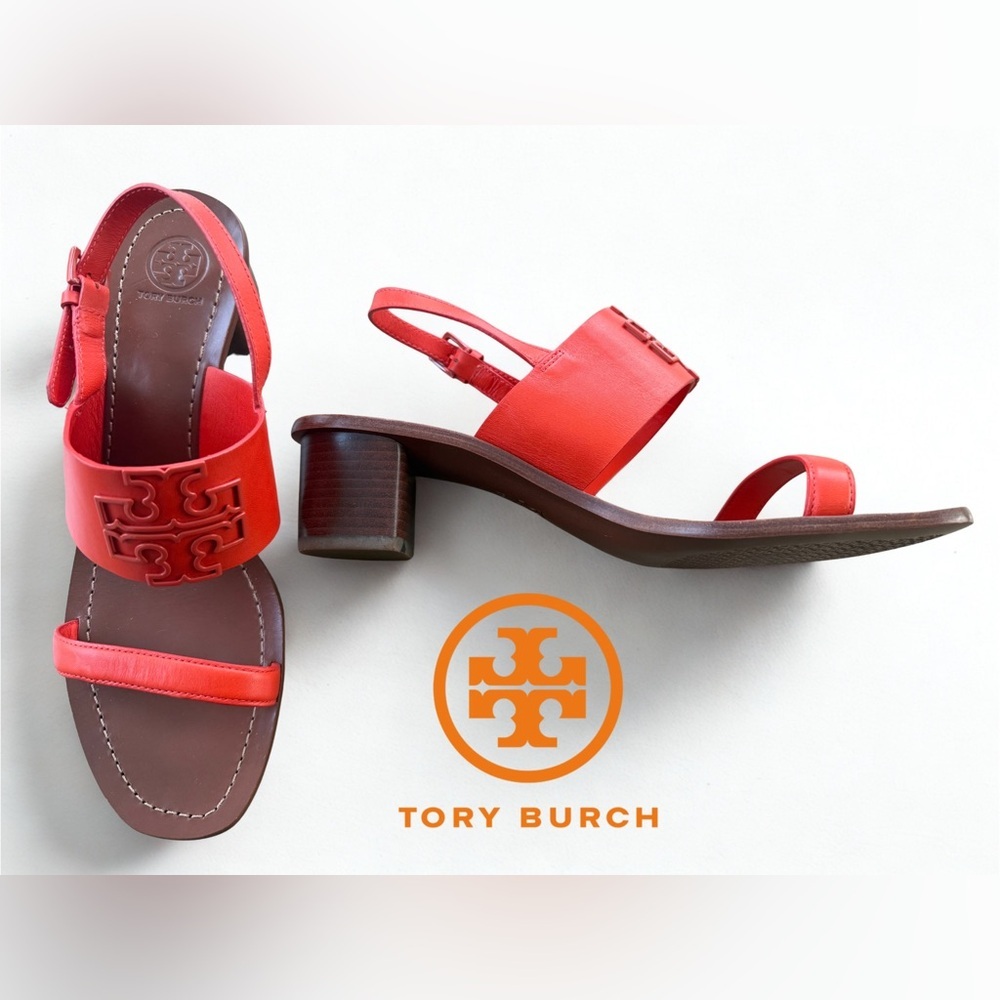 NWOB TORY BURCH Double T City Sandal Red Leather Block Heel 11M + Dust Bag - Picture 6 of 7